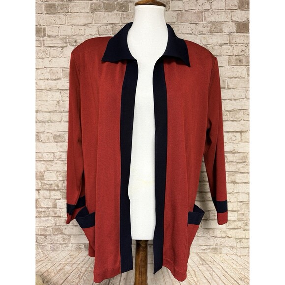 Exclusively Misook Cardigan 3X Red Black Color‎ Block Acrylic Knit Sweater